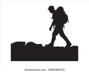 Hiking man Silhouette. hiking man with rucksacks silhouette. hiker with backpack, vector silhouettes. mountaineer climber hiker people. Backpacker. walking with the aid of trekking poles.