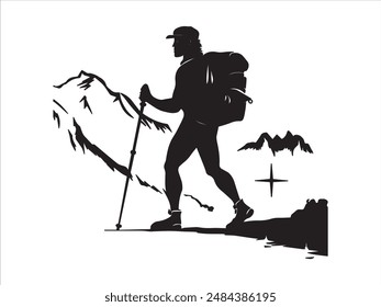 Wanderer Mann Silhouette. Wanderer Mann mit Rucksäcken Silhouette. Wanderer mit Rucksack, Vektorgrafik Silhouetten. Bergsteiger Wanderer Menschen. Rucksacktouristen, die mithilfe von Trekkingstöcken laufen.