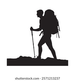 Hiking man Silhouette. hiking man with rucksacks silhouette. hiker with backpack, vector silhouettes. mountaineer climber hiker people. Backpacker. walking with the aid of trekking poles.