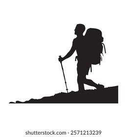 Hiking man Silhouette. hiking man with rucksacks silhouette. hiker with backpack, vector silhouettes. mountaineer climber hiker people. Backpacker. walking with the aid of trekking poles.