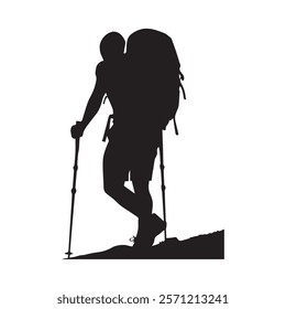 Hiking man Silhouette. hiking man with rucksacks silhouette. hiker with backpack, vector silhouettes. mountaineer climber hiker people. Backpacker. walking with the aid of trekking poles.