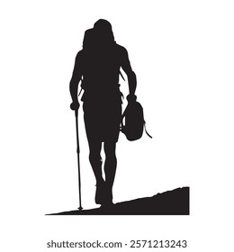 Hiking man Silhouette. hiking man with rucksacks silhouette. hiker with backpack, vector silhouettes. mountaineer climber hiker people. Backpacker. walking with the aid of trekking poles.