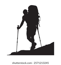 Hiking man Silhouette. hiking man with rucksacks silhouette. hiker with backpack, vector silhouettes. mountaineer climber hiker people. Backpacker. walking with the aid of trekking poles.