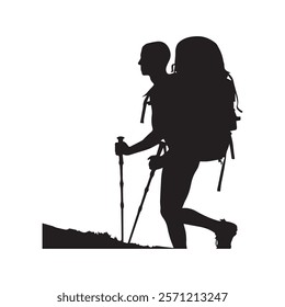 Hiking man Silhouette. hiking man with rucksacks silhouette. hiker with backpack, vector silhouettes. mountaineer climber hiker people. Backpacker. walking with the aid of trekking poles.