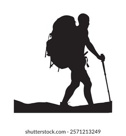 Hiking man Silhouette. hiking man with rucksacks silhouette. hiker with backpack, vector silhouettes. mountaineer climber hiker people. Backpacker. walking with the aid of trekking poles.