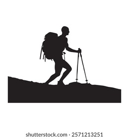 Hiking man Silhouette. hiking man with rucksacks silhouette. hiker with backpack, vector silhouettes. mountaineer climber hiker people. Backpacker. walking with the aid of trekking poles.