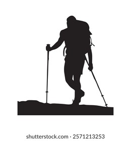 Hiking man Silhouette. hiking man with rucksacks silhouette. hiker with backpack, vector silhouettes. mountaineer climber hiker people. Backpacker. walking with the aid of trekking poles.