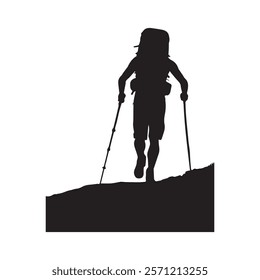 Hiking man Silhouette. hiking man with rucksacks silhouette. hiker with backpack, vector silhouettes. mountaineer climber hiker people. Backpacker. walking with the aid of trekking poles.