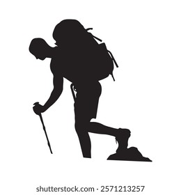 Hiking man Silhouette. hiking man with rucksacks silhouette. hiker with backpack, vector silhouettes. mountaineer climber hiker people. Backpacker. walking with the aid of trekking poles.