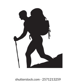 Hiking man Silhouette. hiking man with rucksacks silhouette. hiker with backpack, vector silhouettes. mountaineer climber hiker people. Backpacker. walking with the aid of trekking poles.