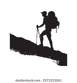 Hiking man Silhouette. hiking man with rucksacks silhouette. hiker with backpack, vector silhouettes. mountaineer climber hiker people. Backpacker. walking with the aid of trekking poles.