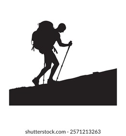 Hiking man Silhouette. hiking man with rucksacks silhouette. hiker with backpack, vector silhouettes. mountaineer climber hiker people. Backpacker. walking with the aid of trekking poles.