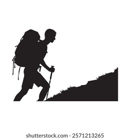 Hiking man Silhouette. hiking man with rucksacks silhouette. hiker with backpack, vector silhouettes. mountaineer climber hiker people. Backpacker. walking with the aid of trekking poles.