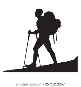 Hiking man Silhouette. hiking man with rucksacks silhouette. hiker with backpack, vector silhouettes. mountaineer climber hiker people. Backpacker. walking with the aid of trekking poles.