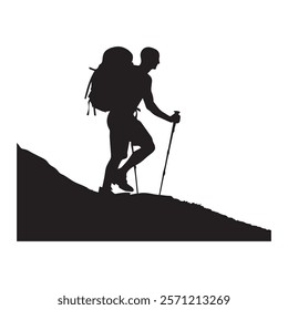 Hiking man Silhouette. hiking man with rucksacks silhouette. hiker with backpack, vector silhouettes. mountaineer climber hiker people. Backpacker. walking with the aid of trekking poles.