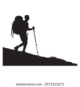 Hiking man Silhouette. hiking man with rucksacks silhouette. hiker with backpack, vector silhouettes. mountaineer climber hiker people. Backpacker. walking with the aid of trekking poles.