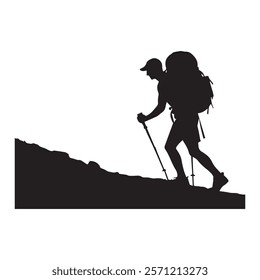 Hiking man Silhouette. hiking man with rucksacks silhouette. hiker with backpack, vector silhouettes. mountaineer climber hiker people. Backpacker. walking with the aid of trekking poles.