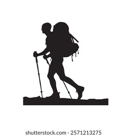 Hiking man Silhouette. hiking man with rucksacks silhouette. hiker with backpack, vector silhouettes. mountaineer climber hiker people. Backpacker. walking with the aid of trekking poles.