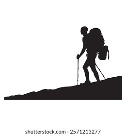 Hiking man Silhouette. hiking man with rucksacks silhouette. hiker with backpack, vector silhouettes. mountaineer climber hiker people. Backpacker. walking with the aid of trekking poles.