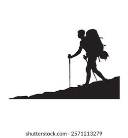 Hiking man Silhouette. hiking man with rucksacks silhouette. hiker with backpack, vector silhouettes. mountaineer climber hiker people. Backpacker. walking with the aid of trekking poles.