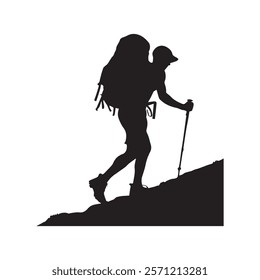 Hiking man Silhouette. hiking man with rucksacks silhouette. hiker with backpack, vector silhouettes. mountaineer climber hiker people. Backpacker. walking with the aid of trekking poles.