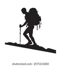 Hiking man Silhouette. hiking man with rucksacks silhouette. hiker with backpack, vector silhouettes. mountaineer climber hiker people. Backpacker. walking with the aid of trekking poles.