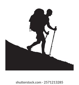 Hiking man Silhouette. hiking man with rucksacks silhouette. hiker with backpack, vector silhouettes. mountaineer climber hiker people. Backpacker. walking with the aid of trekking poles.