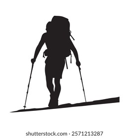 Hiking man Silhouette. hiking man with rucksacks silhouette. hiker with backpack, vector silhouettes. mountaineer climber hiker people. Backpacker. walking with the aid of trekking poles.