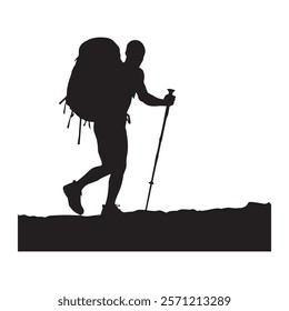 Hiking man Silhouette. hiking man with rucksacks silhouette. hiker with backpack, vector silhouettes. mountaineer climber hiker people. Backpacker. walking with the aid of trekking poles.