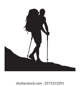 Hiking man Silhouette. hiking man with rucksacks silhouette. hiker with backpack, vector silhouettes. mountaineer climber hiker people. Backpacker. walking with the aid of trekking poles.