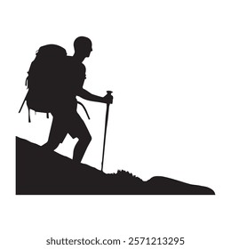 Hiking man Silhouette. hiking man with rucksacks silhouette. hiker with backpack, vector silhouettes. mountaineer climber hiker people. Backpacker. walking with the aid of trekking poles.