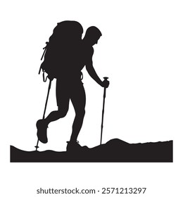 Hiking man Silhouette. hiking man with rucksacks silhouette. hiker with backpack, vector silhouettes. mountaineer climber hiker people. Backpacker. walking with the aid of trekking poles.