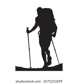 Hiking man Silhouette. hiking man with rucksacks silhouette. hiker with backpack, vector silhouettes. mountaineer climber hiker people. Backpacker. walking with the aid of trekking poles.