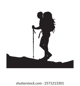 Hiking man Silhouette. hiking man with rucksacks silhouette. hiker with backpack, vector silhouettes. mountaineer climber hiker people. Backpacker. walking with the aid of trekking poles.