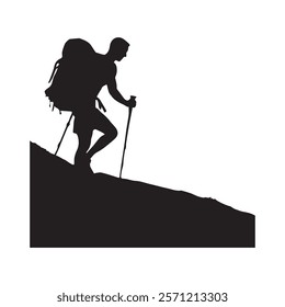 Hiking man Silhouette. hiking man with rucksacks silhouette. hiker with backpack, vector silhouettes. mountaineer climber hiker people. Backpacker. walking with the aid of trekking poles.