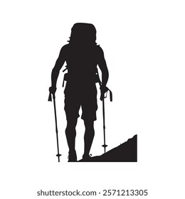 Hiking man Silhouette. hiking man with rucksacks silhouette. hiker with backpack, vector silhouettes. mountaineer climber hiker people. Backpacker. walking with the aid of trekking poles.