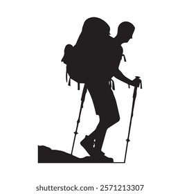 Hiking man Silhouette. hiking man with rucksacks silhouette. hiker with backpack, vector silhouettes. mountaineer climber hiker people. Backpacker. walking with the aid of trekking poles.