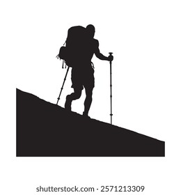 Hiking man Silhouette. hiking man with rucksacks silhouette. hiker with backpack, vector silhouettes. mountaineer climber hiker people. Backpacker. walking with the aid of trekking poles.