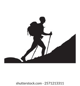 Hiking man Silhouette. hiking man with rucksacks silhouette. hiker with backpack, vector silhouettes. mountaineer climber hiker people. Backpacker. walking with the aid of trekking poles.