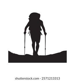 Hiking man Silhouette. hiking man with rucksacks silhouette. hiker with backpack, vector silhouettes. mountaineer climber hiker people. Backpacker. walking with the aid of trekking poles.