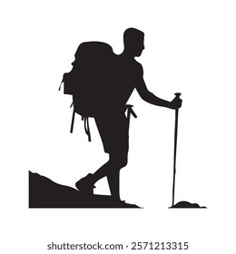 Hiking man Silhouette. hiking man with rucksacks silhouette. hiker with backpack, vector silhouettes. mountaineer climber hiker people. Backpacker. walking with the aid of trekking poles.