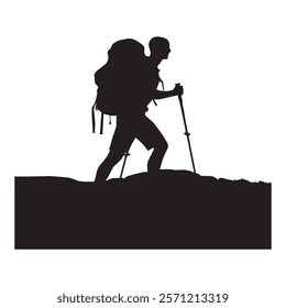 Hiking man Silhouette. hiking man with rucksacks silhouette. hiker with backpack, vector silhouettes. mountaineer climber hiker people. Backpacker. walking with the aid of trekking poles.