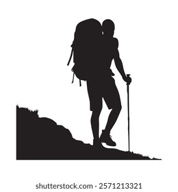 Hiking man Silhouette. hiking man with rucksacks silhouette. hiker with backpack, vector silhouettes. mountaineer climber hiker people. Backpacker. walking with the aid of trekking poles.