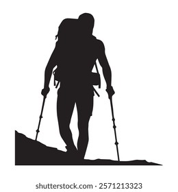 Hiking man Silhouette. hiking man with rucksacks silhouette. hiker with backpack, vector silhouettes. mountaineer climber hiker people. Backpacker. walking with the aid of trekking poles.