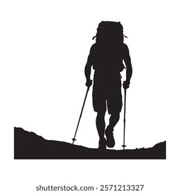 Hiking man Silhouette. hiking man with rucksacks silhouette. hiker with backpack, vector silhouettes. mountaineer climber hiker people. Backpacker. walking with the aid of trekking poles.