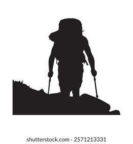 Hiking man Silhouette. hiking man with rucksacks silhouette. hiker with backpack, vector silhouettes. mountaineer climber hiker people. Backpacker. walking with the aid of trekking poles.