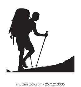 Hiking man Silhouette. hiking man with rucksacks silhouette. hiker with backpack, vector silhouettes. mountaineer climber hiker people. Backpacker. walking with the aid of trekking poles.