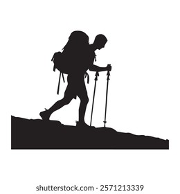 Hiking man Silhouette. hiking man with rucksacks silhouette. hiker with backpack, vector silhouettes. mountaineer climber hiker people. Backpacker. walking with the aid of trekking poles.