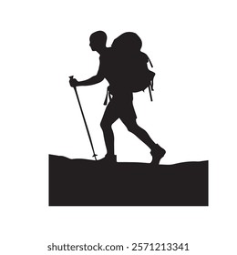 Hiking man Silhouette. hiking man with rucksacks silhouette. hiker with backpack, vector silhouettes. mountaineer climber hiker people. Backpacker. walking with the aid of trekking poles.