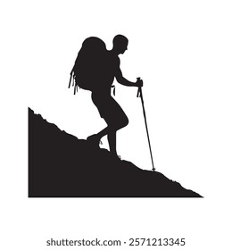 Hiking man Silhouette. hiking man with rucksacks silhouette. hiker with backpack, vector silhouettes. mountaineer climber hiker people. Backpacker. walking with the aid of trekking poles.